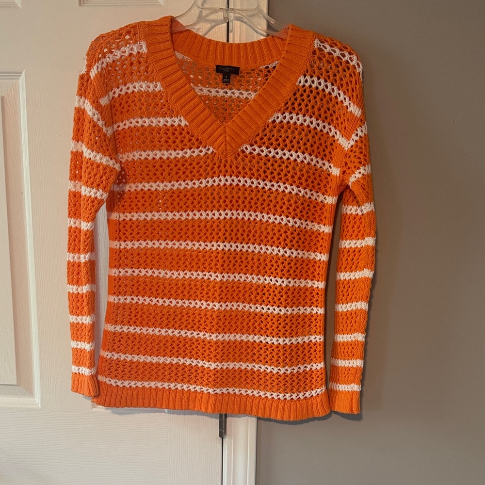Talbots Vibrant V-Neck Sweater in Orange and White